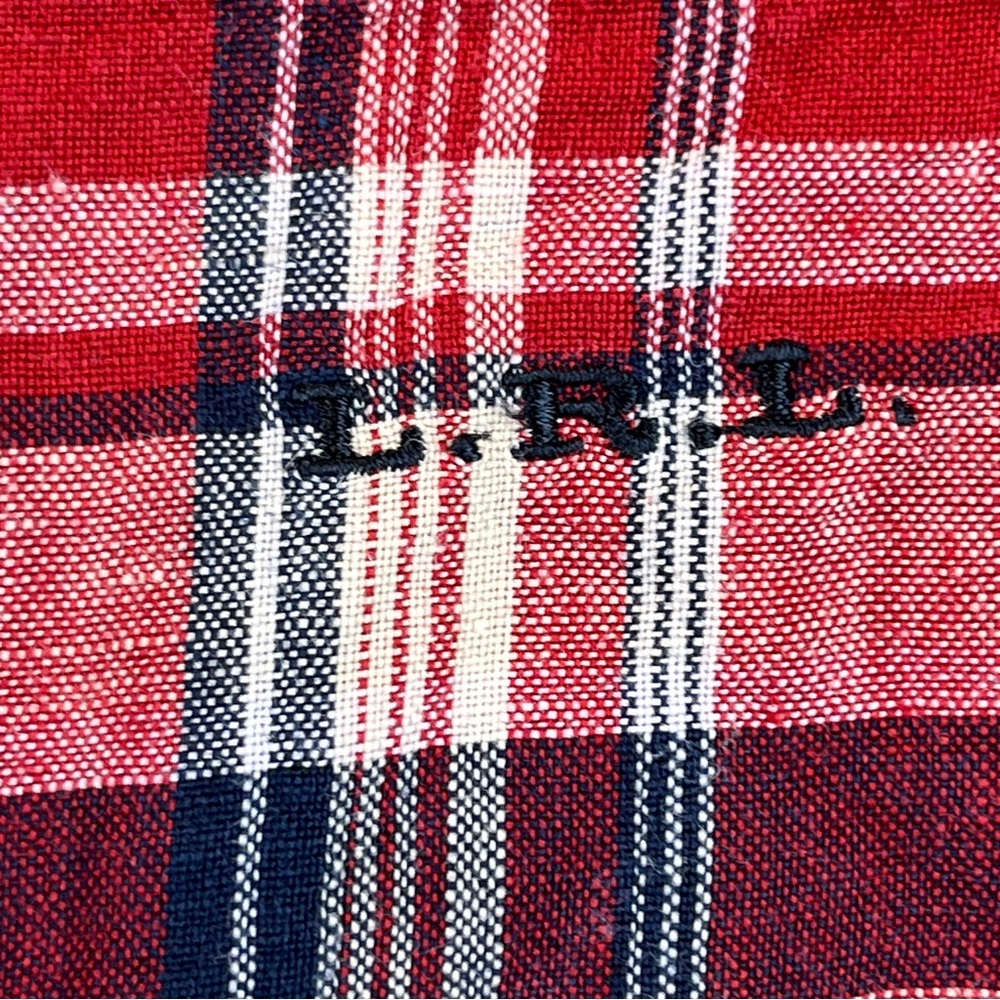 VTG Lauren Ralph Lauren 100% Linen Plaid Button Up Shirt Navy Red Off-White S/M - Picture 8 of 14